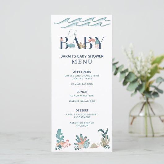 Onder het Zee Blauwe Waterverf Oh Baby shower Menu (Staand voorkant)