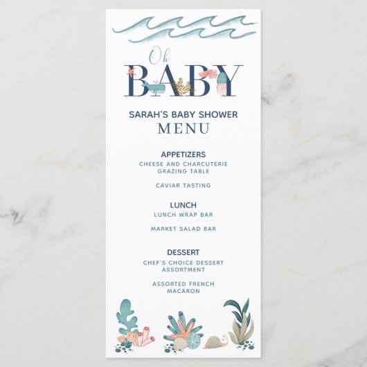 Onder het Zee Blauwe Waterverf Oh Baby shower Menu (Voorkant)