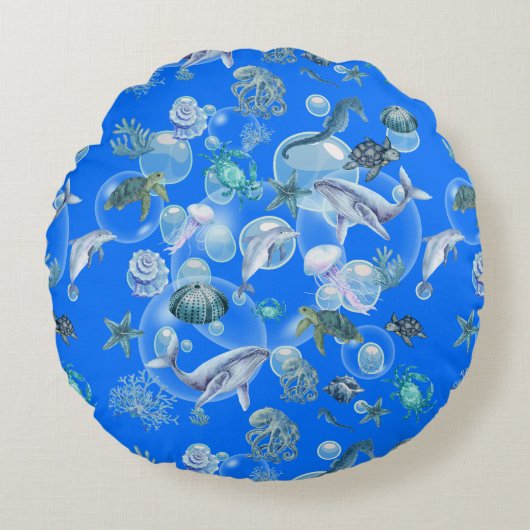 Onder het Zee Blauwe Waterverf op blauw | Rond Kussen (Voorkant)
