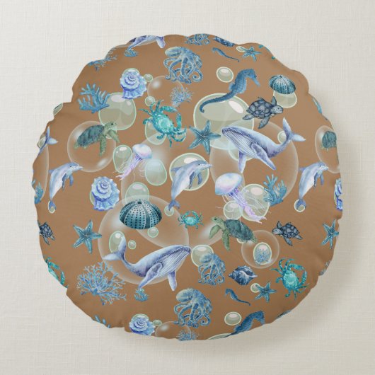 Onder het Zee Blauwe Waterverf op bruin | Rond Kussen (Voorkant)