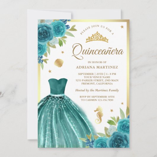 Onder het Zee Blauwgroen Jurk Zeemeermin Gold Quin Kaart (Voorkant)