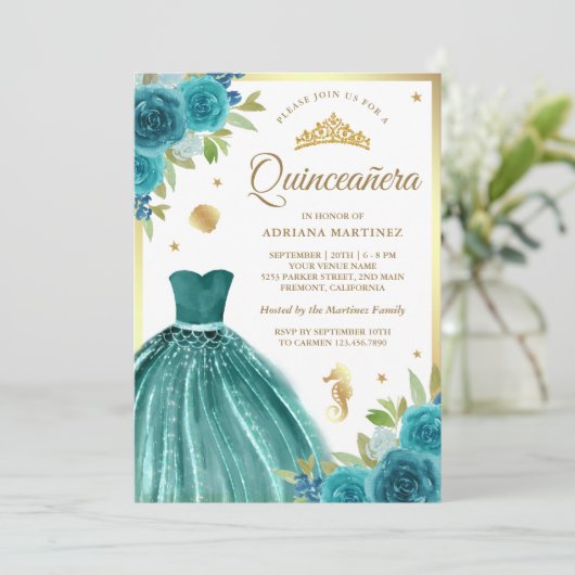 Onder het Zee Blauwgroen Jurk Zeemeermin Gold Quin Kaart (Staand voorkant)