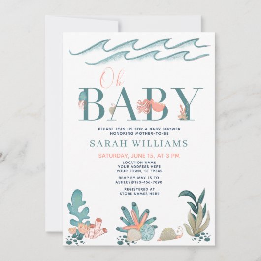 Onder het Zee Blauwgroen Waterverf Oh Baby shower Kaart (Voorkant)