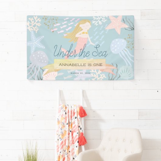 Onder het Zee Blonde Zeemeermin Zee Groene Verjaar Spandoek (Insitu)