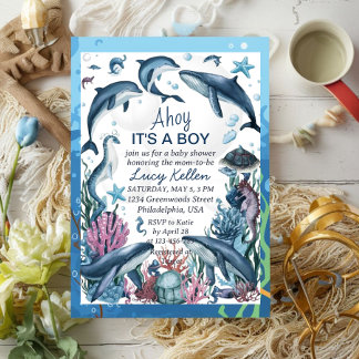 Onder het Zee Blue Ahoy Het is een Boy Baby shower Kaart