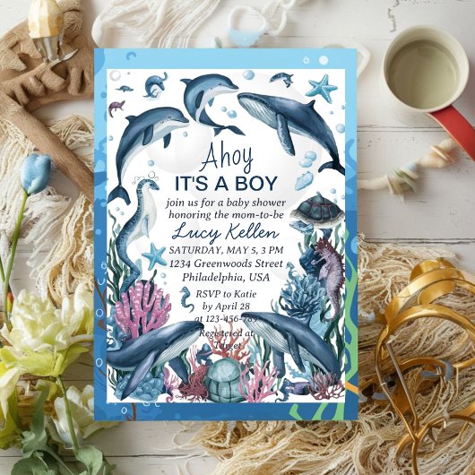 Onder het Zee Blue Ahoy Het is een Boy Baby shower Kaart