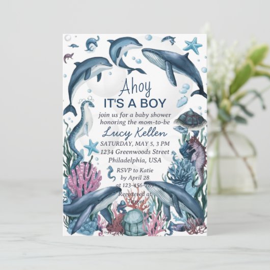 Onder het Zee Blue Ahoy Het is een Boy Baby shower Kaart (Staand voorkant)