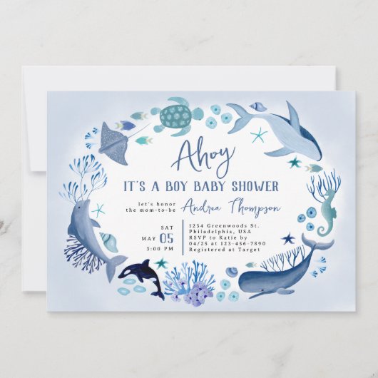 Onder het Zee Blue Ahoy is het een Baby shower van Kaart (Voorkant)