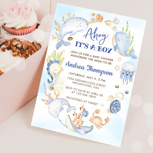 Onder het Zee Blue Ahoy is het een Baby shower van Kaart