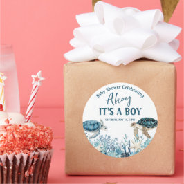 Onder het Zee Blue Ahoy is het een Baby shower van Ronde Sticker