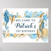 Onder het Zee Blue and Gold Birthday Party Welcome Poster (Voorkant)