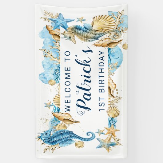 Onder het Zee Blue and Gold Birthday Party Welcome Spandoek (Verticaal)