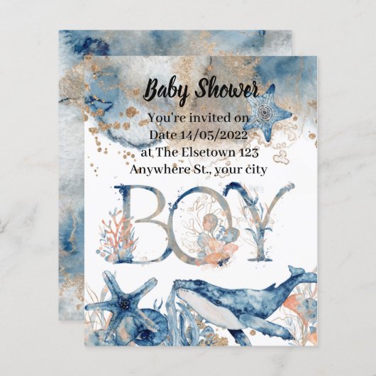 Onder het zee Blue Beach Whale BabyShower (Voorkant / Achterkant)