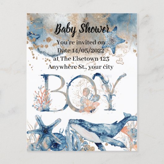 Onder het zee Blue Beach Whale BabyShower (Voorkant)