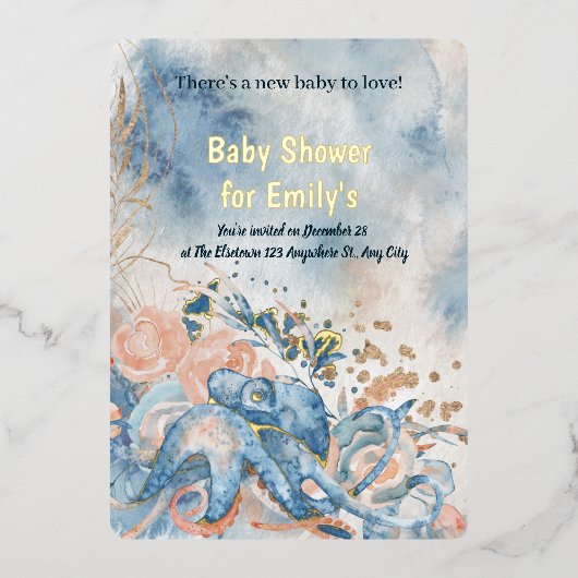 Onder het zee Blue Beach Whale BabyShower Folie Uitnodiging (Voorkant)