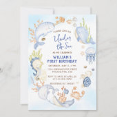 Onder het Zee Blue Boy First Birthday Party Kaart (Voorkant)