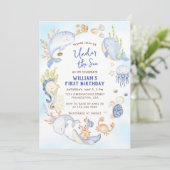 Onder het Zee Blue Boy First Birthday Party Kaart (Staand voorkant)