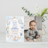 Onder het Zee Blue Boy First Birthday Party Kaart (Staand voorkant)