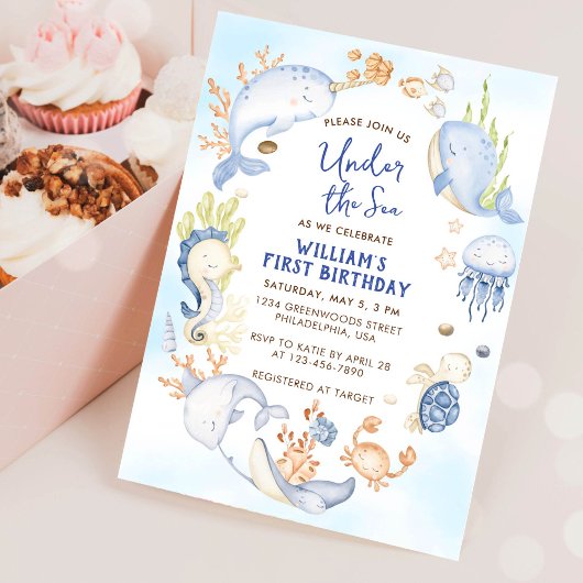 Onder het Zee Blue Boy First Birthday Party Kaart