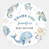 Onder het Zee Blue Boy Waterverf Baby shower Ronde Sticker (Voorkant)