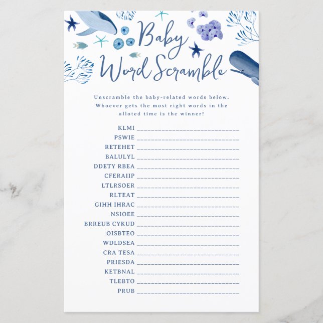 Onder het Zee Blue Boy Whale Baby Word Scramble (Voorkant)