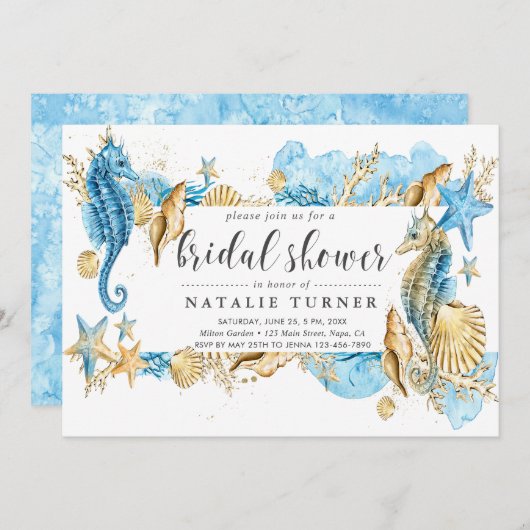 Onder het Zee Blue & Gold Bridal Shower Invitation Kaart (Voorkant / Achterkant)