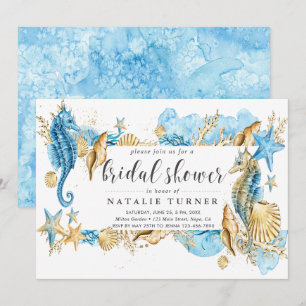 Onder het Zee Blue & Gold Bridal Shower Invitation Kaart