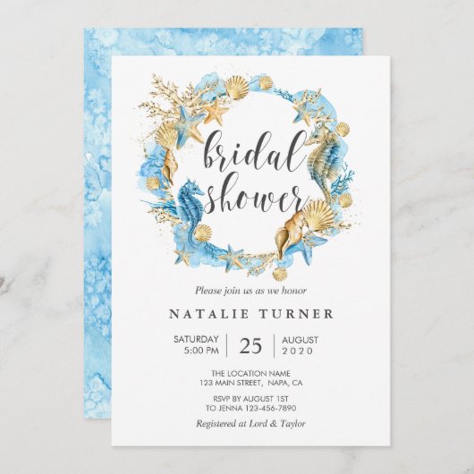 Onder het Zee Blue & Gold Bridal Shower Invitation Kaart (Voorkant / Achterkant)