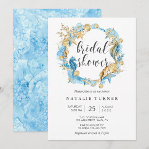 Onder het Zee Blue & Gold Bridal Shower Invitation Kaart