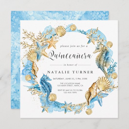 Onder het Zee Blue & Gold Quinceañera Square Kaart (Voorkant / Achterkant)