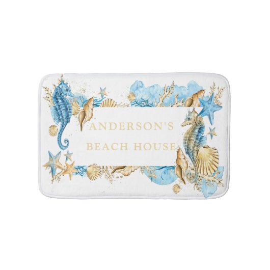 Onder het Zee Blue & Gold Seahorse Beach House Badmat (Voorkant)