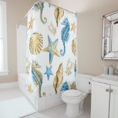 Onder het Zee Blue & Gold Seahorse Beach House Douchegordijn (In situ)