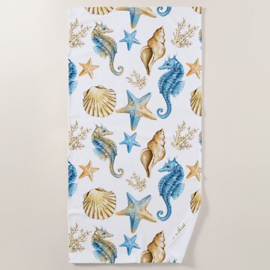 Onder het Zee Blue & Gold Seahorse Strandlaken (Voorkant)