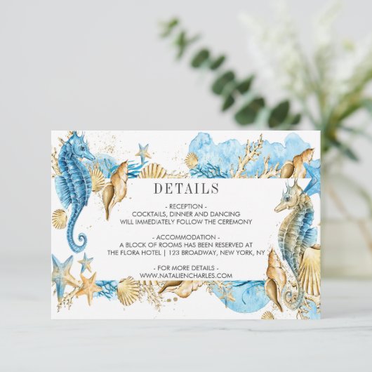 Onder het Zee Blue Gold Summer Wedding Details Kaart (Staand voorkant)