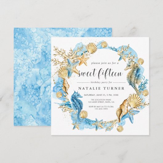 Onder het Zee Blue & Gold Sweet 15 Square Kaart (Voorkant / Achterkant)