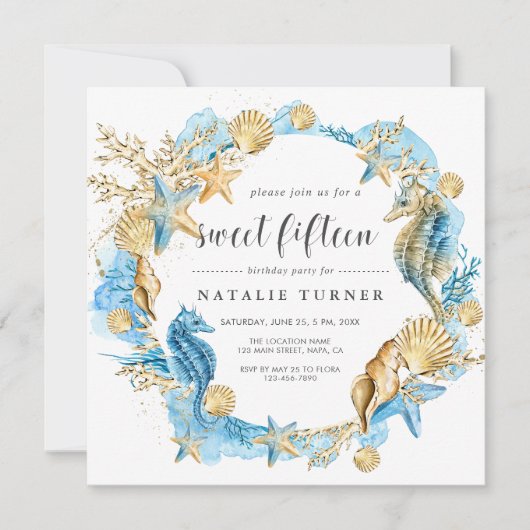 Onder het Zee Blue & Gold Sweet 15 Square Kaart (Voorkant)
