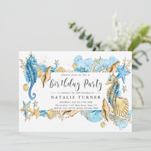 Onder het Zee Blue Gold verjaardagsfeestje Kaart (Staand voorkant)