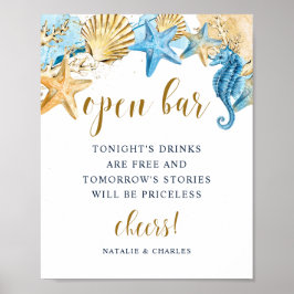 Onder het Zee Blue Gold Wedding Open Bar Poster