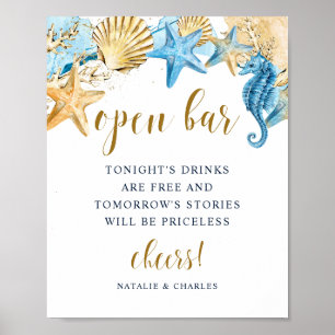 Onder het Zee Blue Gold Wedding Open Bar Poster