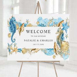 Onder het Zee Blue Gold Wedding Welcome Sign Poster