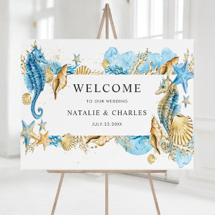 Onder het Zee Blue Gold Wedding Welcome Sign Poster
