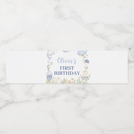 Onder het Zee Blue Ocean Animals Kids Birthday Waterfles Etiket (Enkel label)