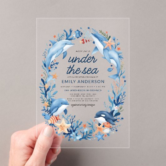 Onder het Zee Blue Ocean Creatures Baby shower Acryl Uitnodigingen (Insitu (Draagbaar))