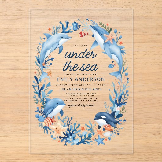 Onder het Zee Blue Ocean Creatures Baby shower Acryl Uitnodigingen (Voorkant)