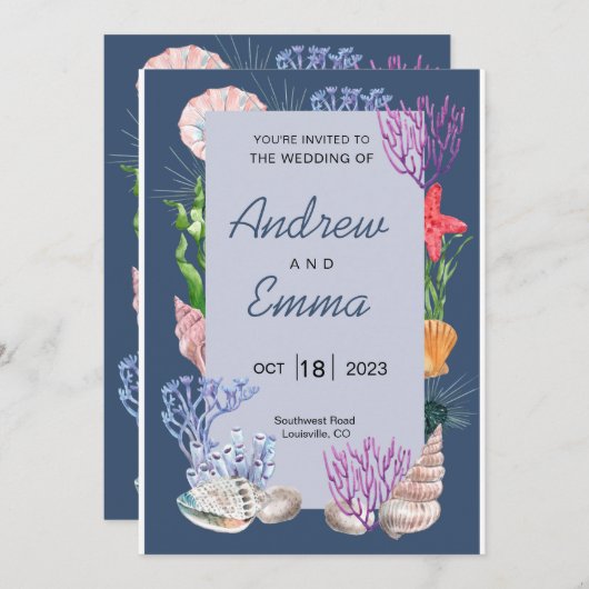Onder het Zee Blue Ocean Modern Wedding Invitation Kaart (Voorkant / Achterkant)
