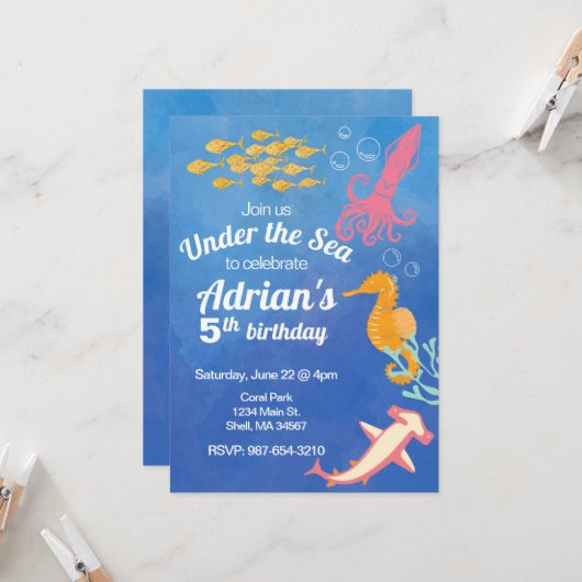 Onder het Zee Blue Ocean verjaardagsuitnodiging Kaart (Voorkant / Achterkant in situ)