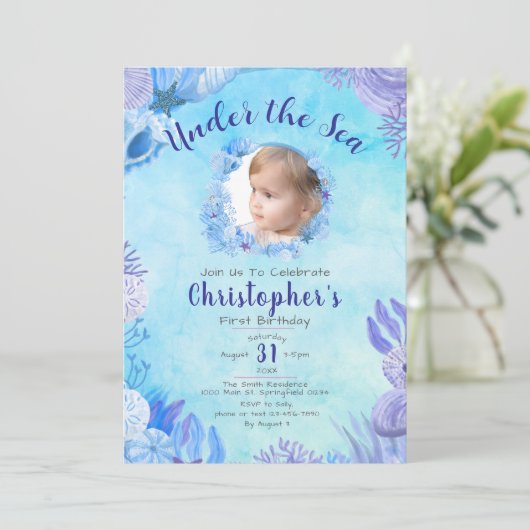 Onder het Zee Blue Photo Boy's 1st Birthday Party Kaart (Staand voorkant)