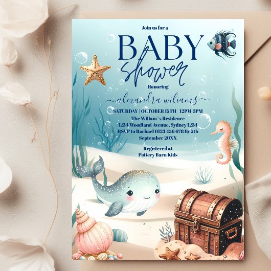 Onder het Zee Blue Waterverf Baby shower Kaart