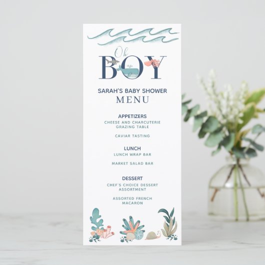 Onder het Zee Blue Waterverf Oh Boy Shower Menu (Staand voorkant)