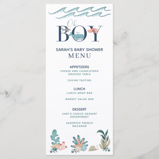 Onder het Zee Blue Waterverf Oh Boy Shower Menu (Voorkant)